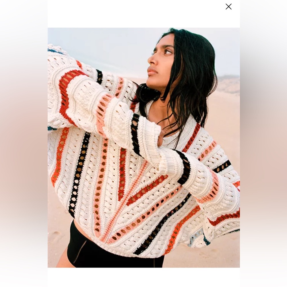 BA&SH Gardy Sweater Knit Crochet Jumper Ecru Stripe Cropped